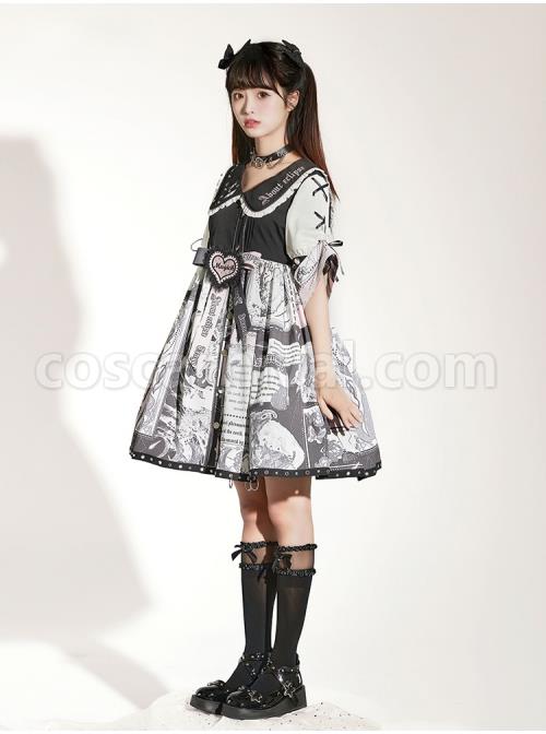 Little Tengu Series OP Doll Collar Printing Black Cute Gothic Lolita Short Sleeve Dress