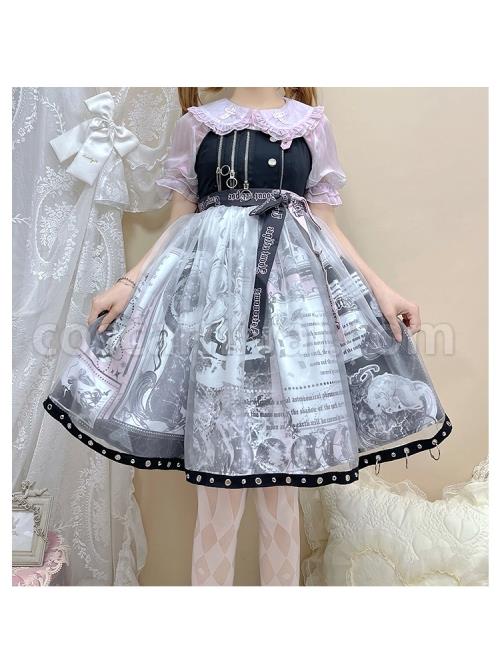 Little Tengu Series JSK Black Printing Tulle Hem Black Cute Punk Street Gothic Lolita Sling Dress coscarnival
