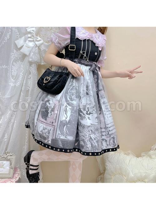 Little Tengu Series JSK Black Printing Tulle Hem Black Cute Punk Street Gothic Lolita Sling Dress