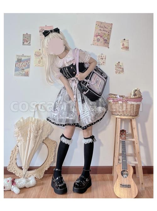 Little Tengu Series JSK Black Printing Tulle Hem Black Cute Punk Street Gothic Lolita Sling Dress