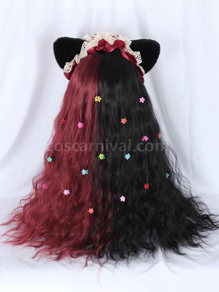 Sweet Lolita Wigs Lace Up Color Block Cat Fiber Burgundy Lolita Accessories