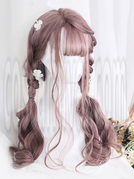 Sweet Lolita Wigs Tan Long Curly Blunt Bangs Spiral Curls Dolles Synthetic Hair Wigs