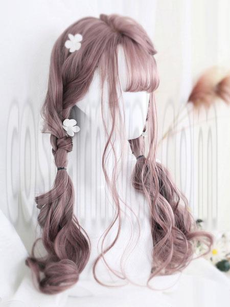 Sweet Lolita Wigs Tan Long Curly Blunt Bangs Spiral Curls Dolles Synthetic Hair Wigs