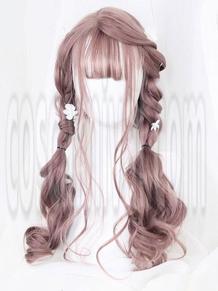 Sweet Lolita Wigs Tan Long Curly Blunt Bangs Spiral Curls Dolles Synthetic Hair Wigs