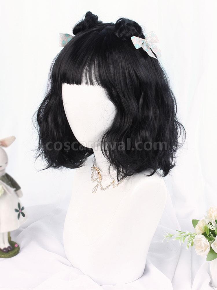 甘いロリータ ウィッグ ブラック 30 cm-35 cm 耐熱ファイバー フリンジ ロリータ アクセサリー coscarnival