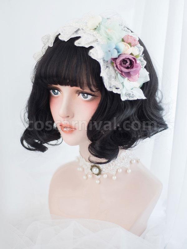Black Lolita Wig Blunt Bang Full Volume Curl Tousled Short Lolita Wig