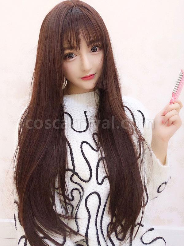 Sweet Lolita Wigs Brown Long Straight Blunt Bangs Synthetic Hair Wigs