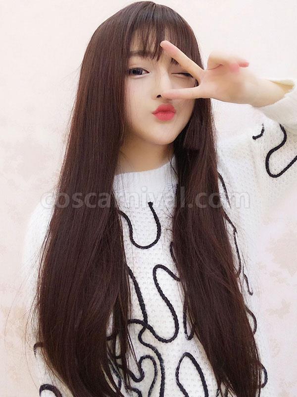 Sweet Lolita Wigs Brown Long Straight Blunt Bangs Synthetic Hair Wigs