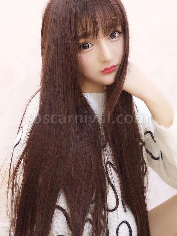 Sweet Lolita Wigs Brown Long Straight Blunt Bangs Synthetic Hair Wigs