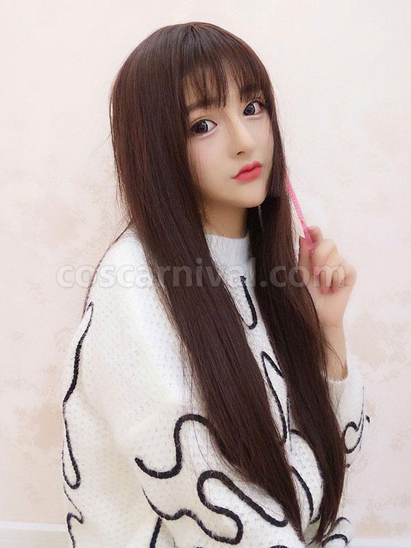 Sweet Lolita Wigs Brown Long Straight Blunt Bangs Synthetic Hair Wigs