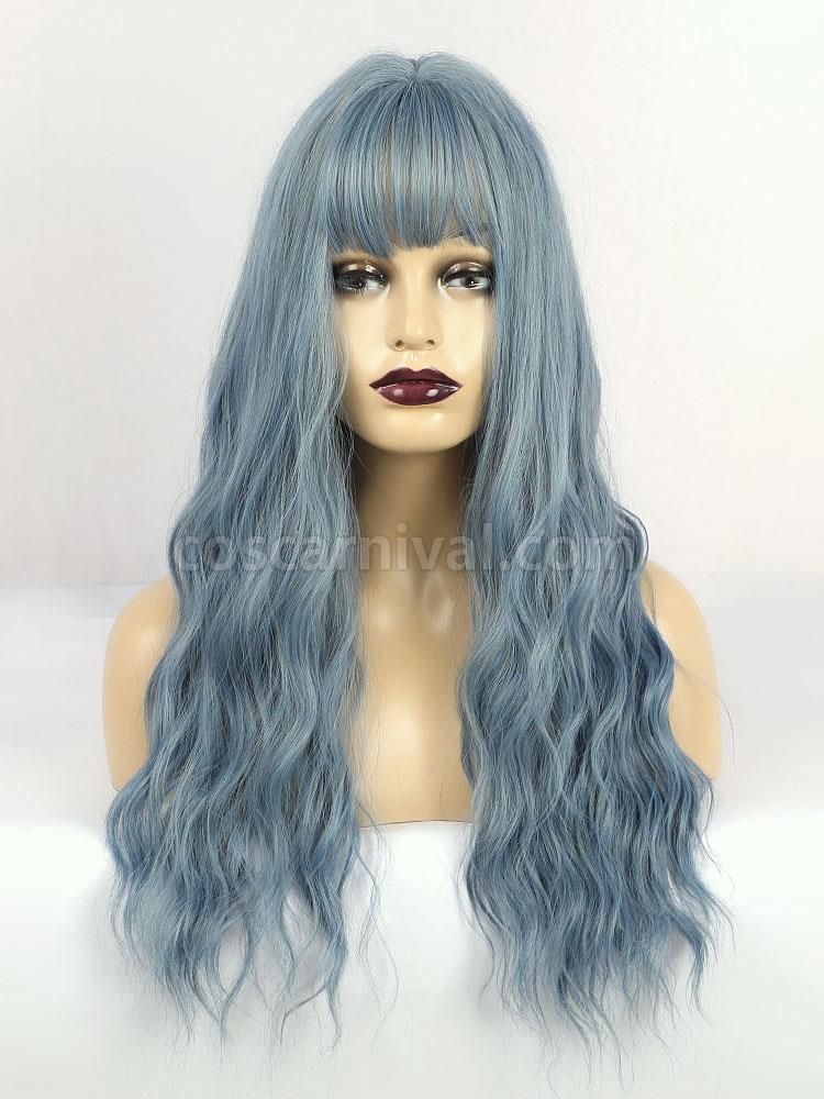 Long Wig For Woman Pastel Blue Curly Rayon Casual Tousled Long Synthetic Wigs