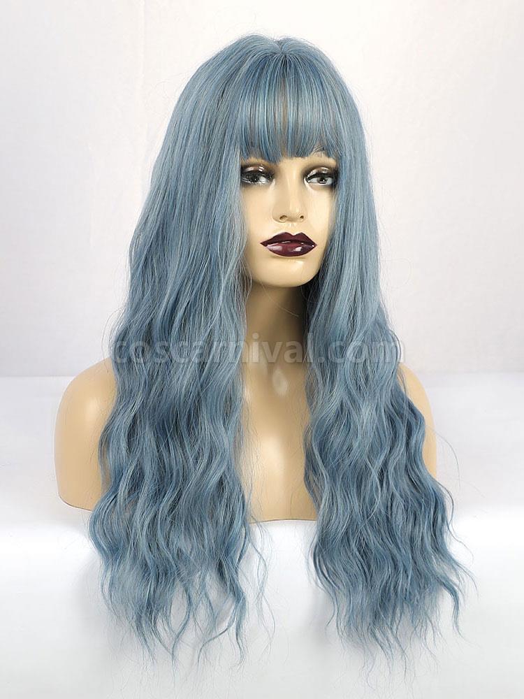 女性のためのロングウィッグパステルブルーカーリーレーヨンカジュアル乱れたロング合成かつら cocarnival