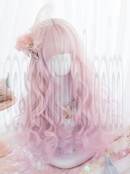 甘いロリータ ウィッグ ピンク オンブル ロング カーリー ロリータ ヘア ウィッグ ブラント バング cocarnival