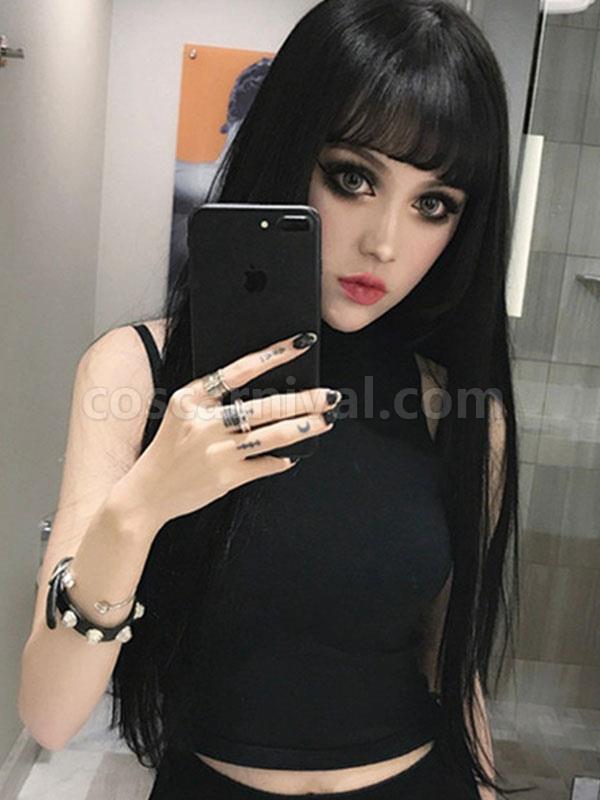 Gothic Lolita Wigs Black Long Tousled Lolita Hair Wigs With Bangs
