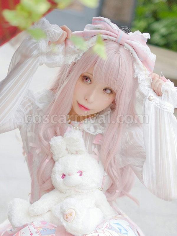 Pink Lolita Wigs Long Curly Blunt Bangs Kawaii Synthetic Hair Wigs