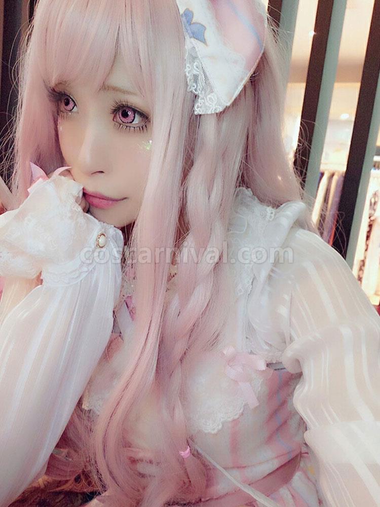 Pink Lolita Wigs Long Curly Blunt Bangs Kawaii Synthetic Hair Wigs