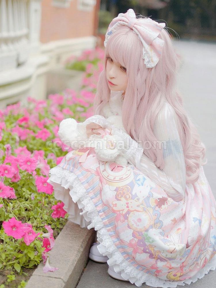 Pink Lolita Wigs Long Curly Blunt Bangs Kawaii Synthetic Hair Wigs
