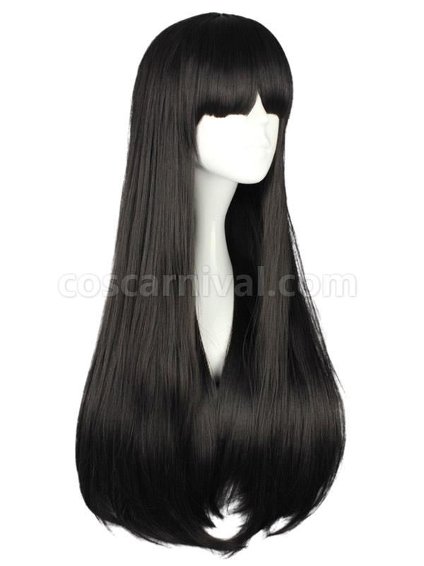 Pure Black Lolita Long Straight Wig Blunt Bangs Face Framing
