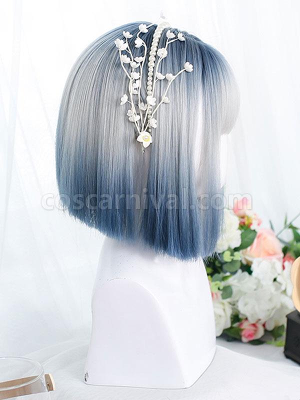 Blue Gray Lolita Wig Short Heat-resistant Fiber Lolita Accessories
