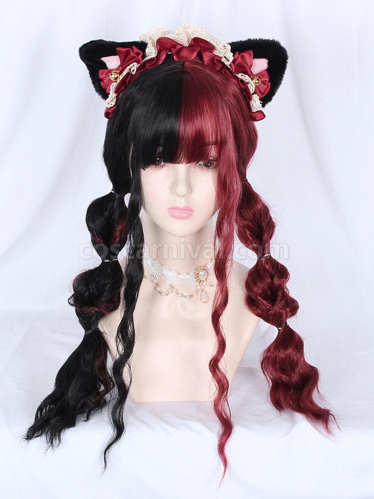 Sweet Lolita Wigs Lace Up Color Block Cat Fiber Burgundy Lolita Accessories