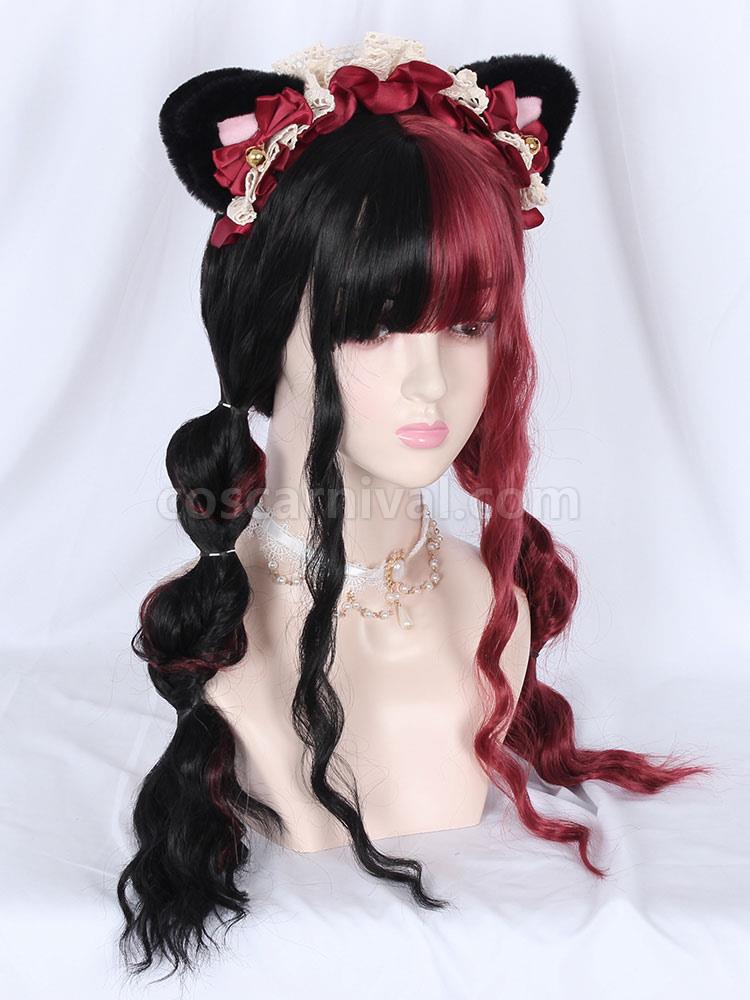 Sweet Lolita Wigs Lace Up Color Block Cat Fiber Burgundy Lolita Accessories