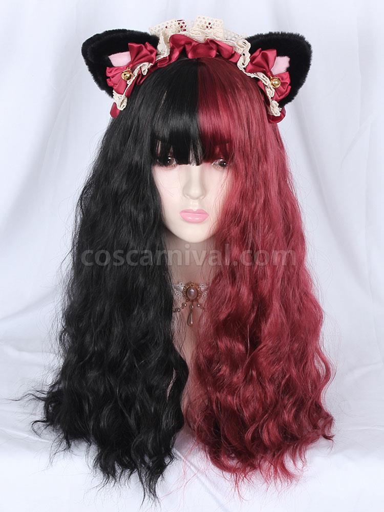 Sweet Lolita Wigs Lace Up Color Block Cat Fiber Burgundy Lolita Accessories