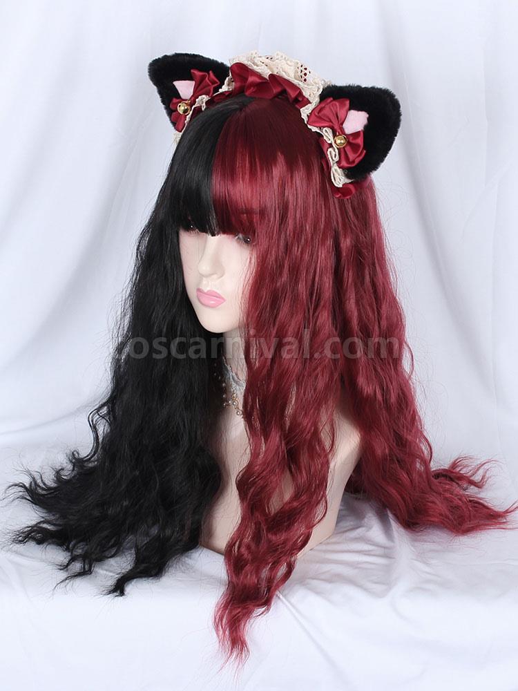 Sweet Lolita Wigs Lace Up Color Block Cat Fiber Burgundy Lolita Accessories