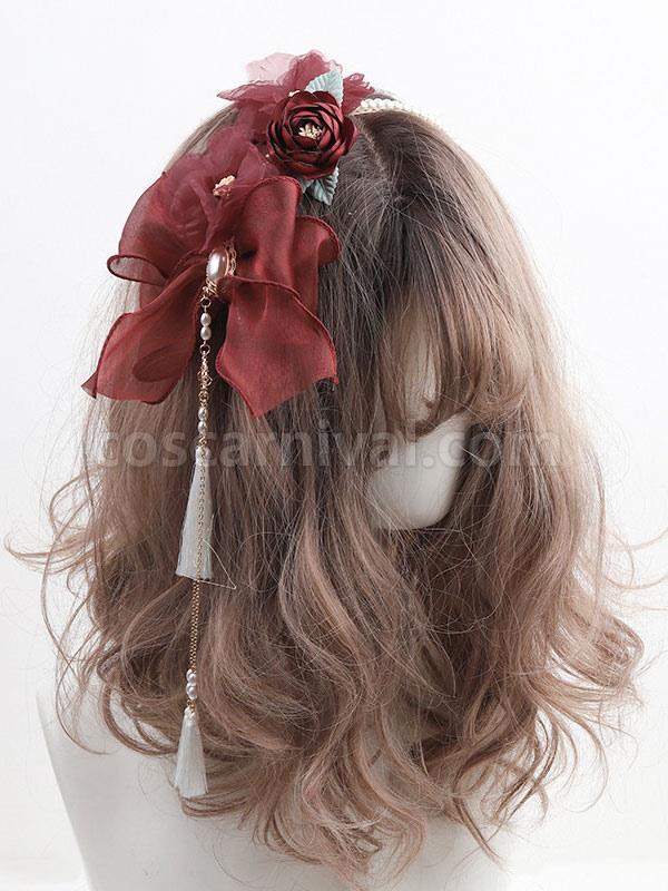 ROCOCO Style Lolita Accessories Burgundy Fringe?Flowers Headwear Polyester Fiber Miscellaneous