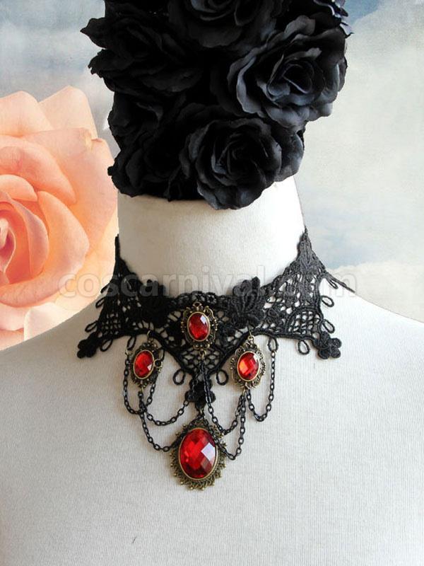 Gothic Lolita Choker Metal Detail Jewel Lace Black Lolita Necklace