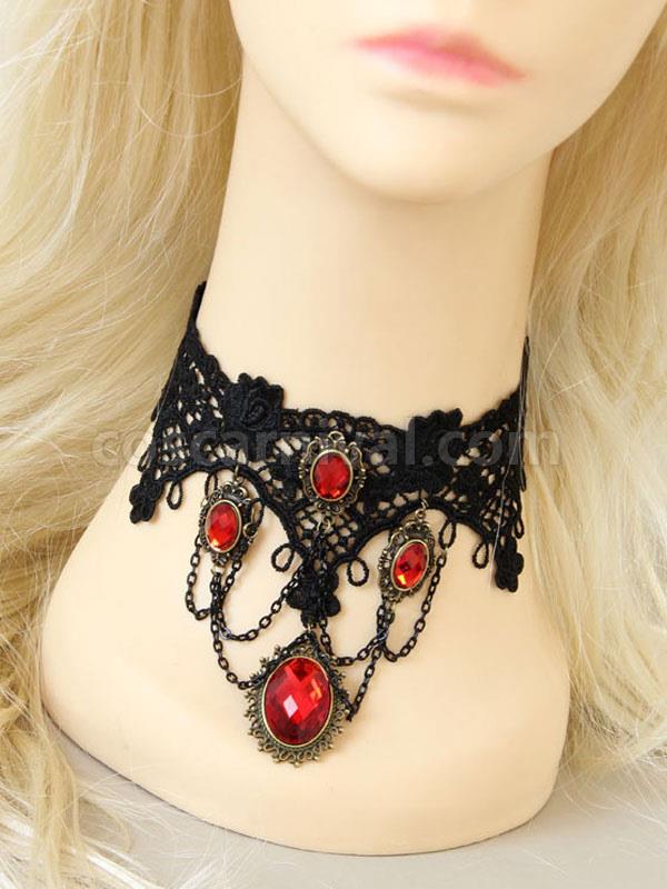 Gothic Lolita Choker Metal Detail Jewel Lace Black Lolita Necklace