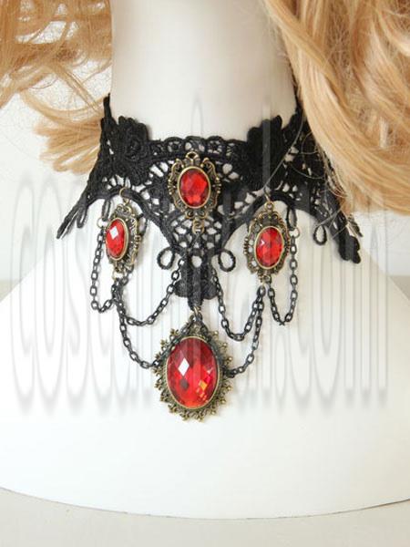 Gothic Lolita Choker Metal Detail Jewel Lace Black Lolita Necklace