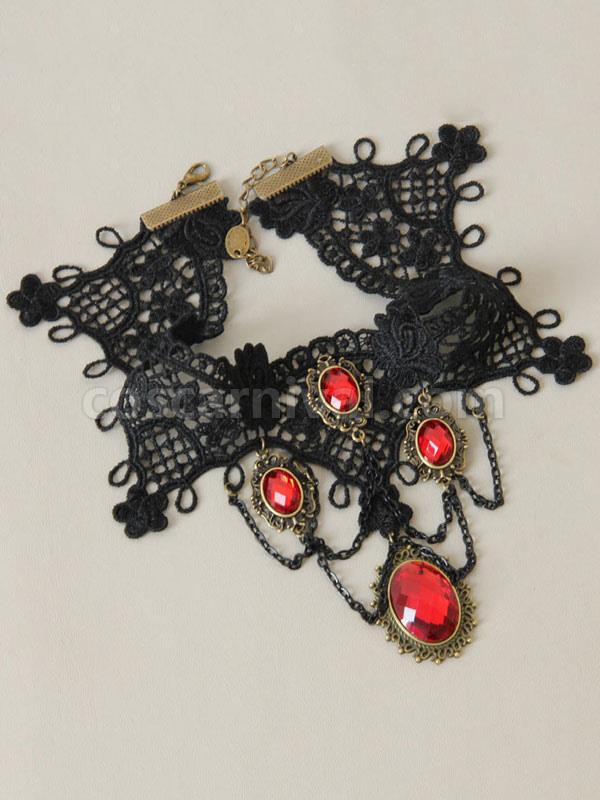 Gothic Lolita Choker Metal Detail Jewel Lace Black Lolita Necklace