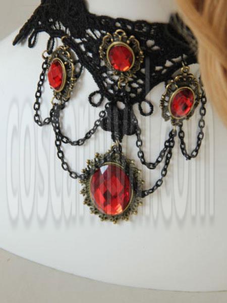 Gothic Lolita Choker Metal Detail Jewel Lace Black Lolita Necklace