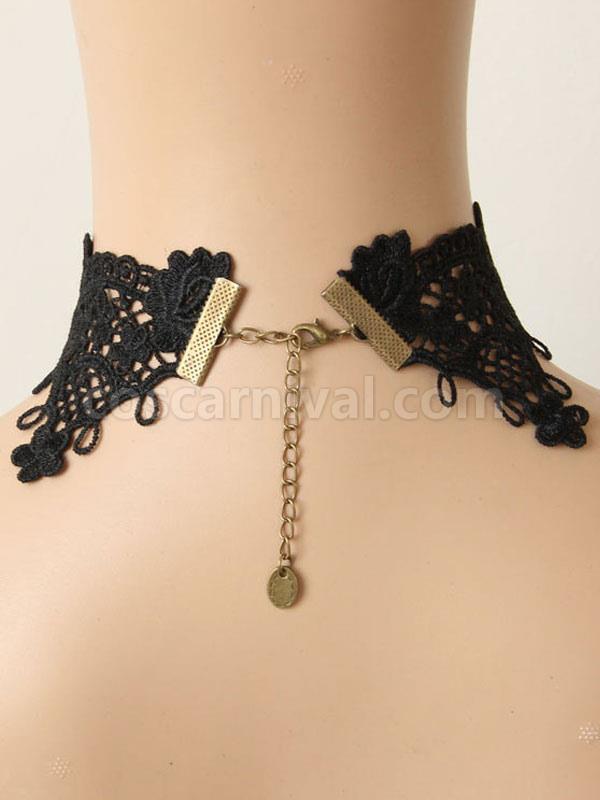 Gothic Lolita Choker Metal Detail Jewel Lace Black Lolita Necklace
