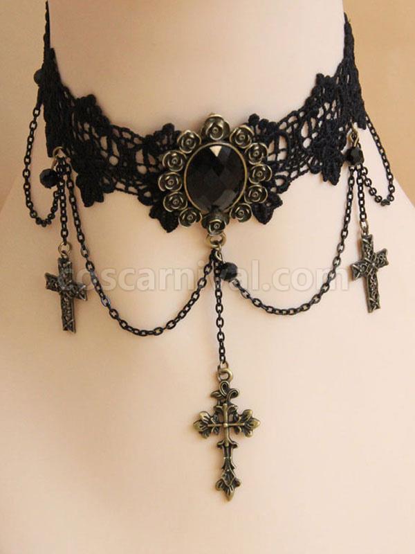 Gothic Lolita Choker Cross Chain Lace Black Lolita Necklace