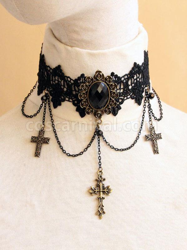Gothic Lolita Choker Cross Chain Lace Black Lolita Necklace