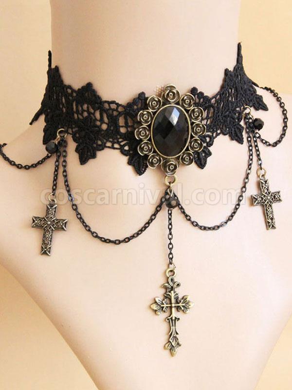 Gothic Lolita Choker Cross Chain Lace Black Lolita Necklace