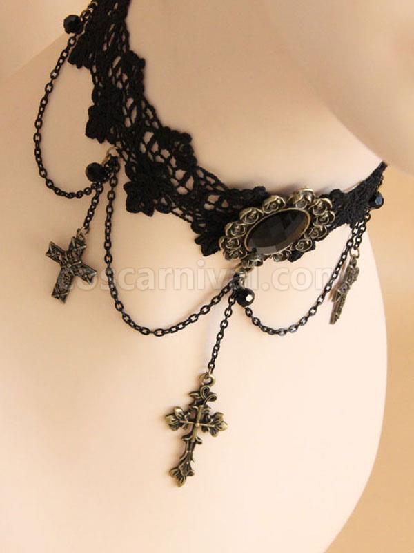 Gothic Lolita Choker Cross Chain Lace Black Lolita Necklace