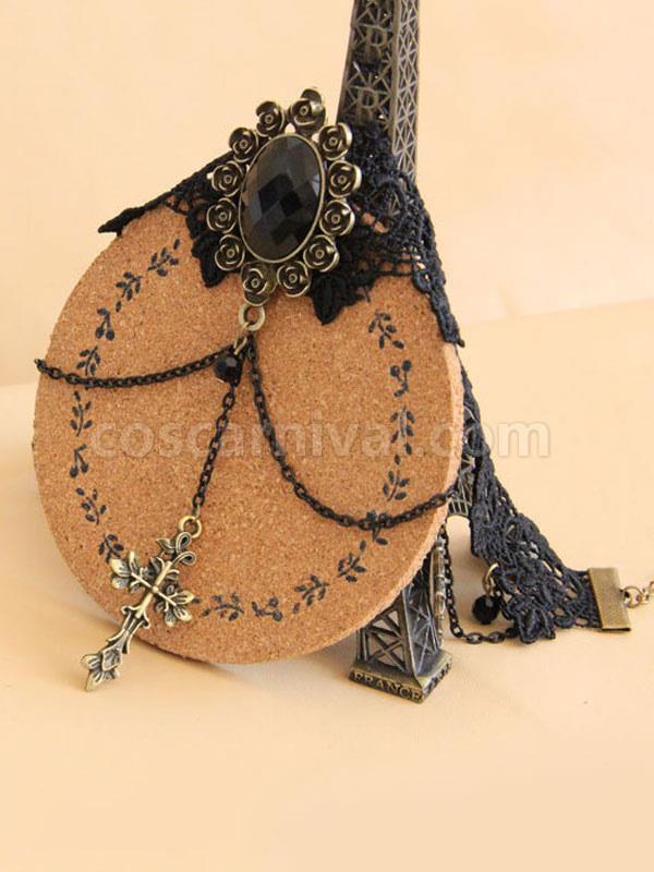 Gothic Lolita Choker Cross Chain Lace Black Lolita Necklace