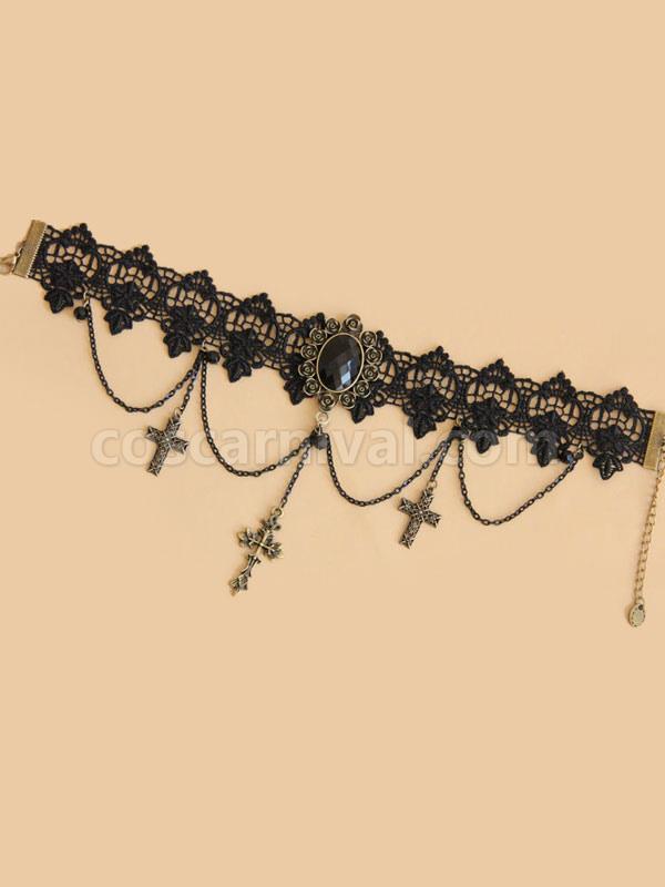 Gothic Lolita Choker Cross Chain Lace Black Lolita Necklace