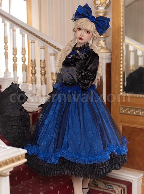 Lonely Laura Series Elegant Mysterious Jacquard Detachable Blue Rose Bowknot Lace Petal Hem Design Gothic Lolita Long Sleeve Dress