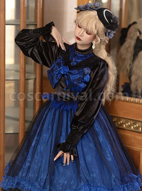 Lonely Laura Series Elegant Mysterious Jacquard Detachable Blue Rose Bowknot Lace Petal Hem Design Gothic Lolita Long Sleeve Dress