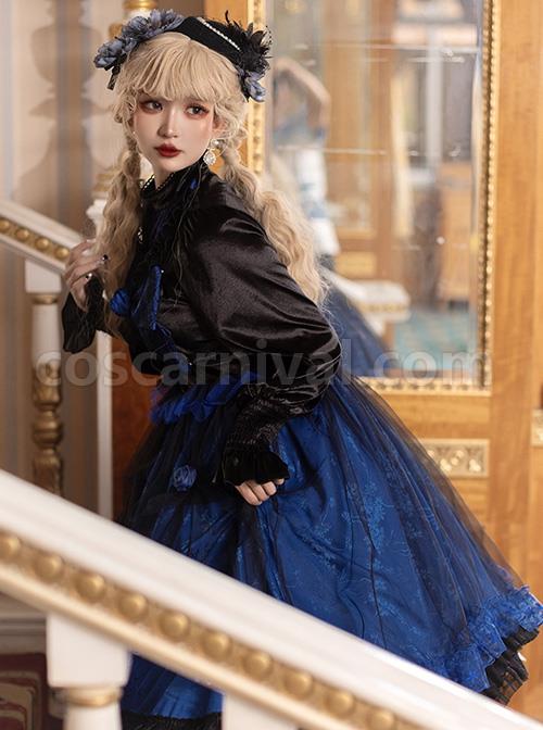 Lonely Laura Series Elegant Mysterious Jacquard Detachable Blue Rose Bowknot Lace Petal Hem Design Gothic Lolita Long Sleeve Dress