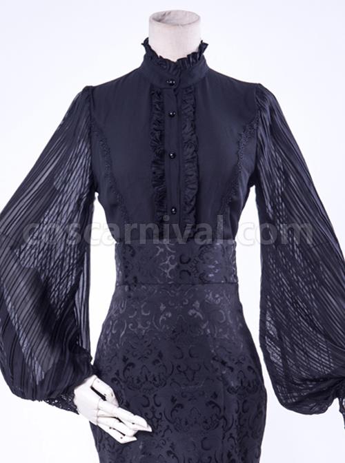 Lorelei Series Stand-up Collar Chiffon Gothic Lolita Ruched Long Sleeve Shirt coscarnival