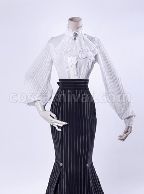 Lorelei Series Stand-up Collar Chiffon Gothic Lolita Ruched Long Sleeve Shirt coscarnival