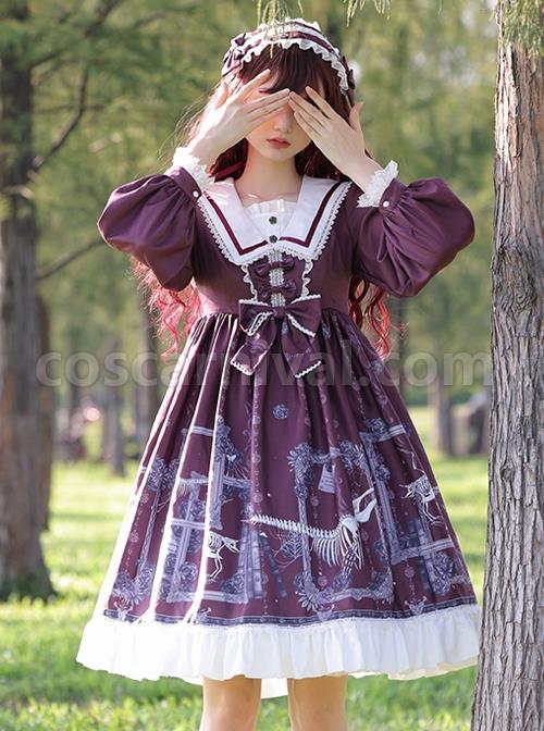 Lost Dreams Series OP Printing Retro Navy Collar Gothic Lolita Long Sleeve Dress coscarnival