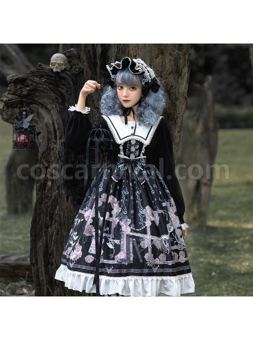 Lost Dreams Series OP Printing Retro Navy Collar Gothic Lolita Long Sleeve Dress