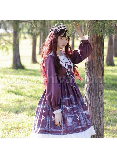 Lost Dreams Series OP Printing Retro Navy Collar Gothic Lolita Long Sleeve Dress