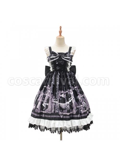 Lost Dreams Series JSK Bowknot Retro Printing Darkness Gothic Lolita Sling Dress