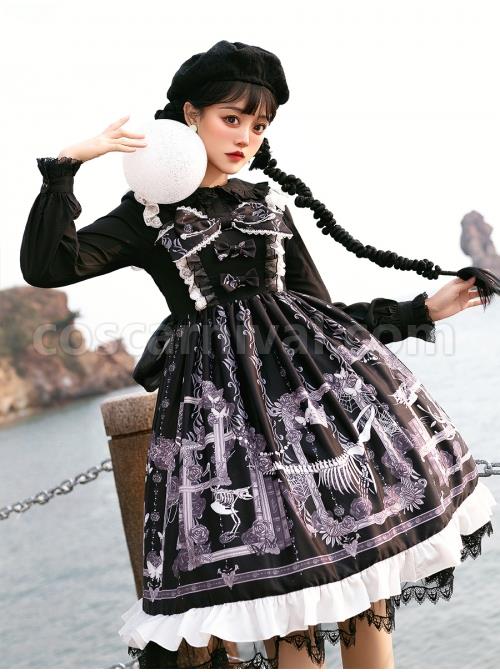 Lost Dreams Series JSK Bowknot Retro Printing Darkness Gothic Lolita Sling Dress